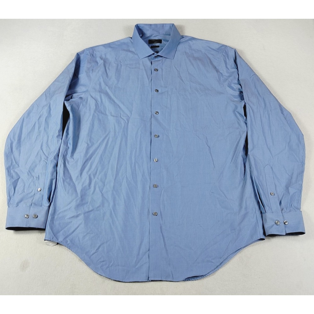 Calvin Klein Dress Shirt Mens 17.5 36/37 Blue Pinstripe Tall Slim Fit 80;s 2 Ply